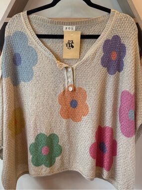 POL Floral Knit Henley Sweater in Beige with Multicolor Flowers
